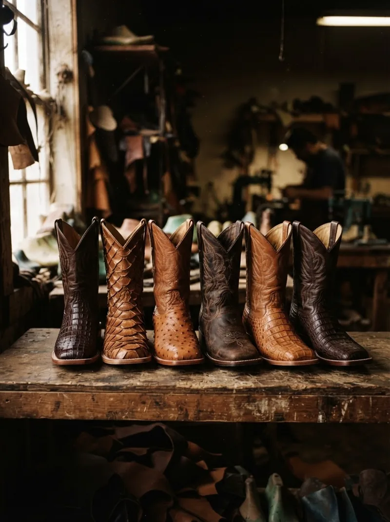 Fileira de botas texanas em couro exótico