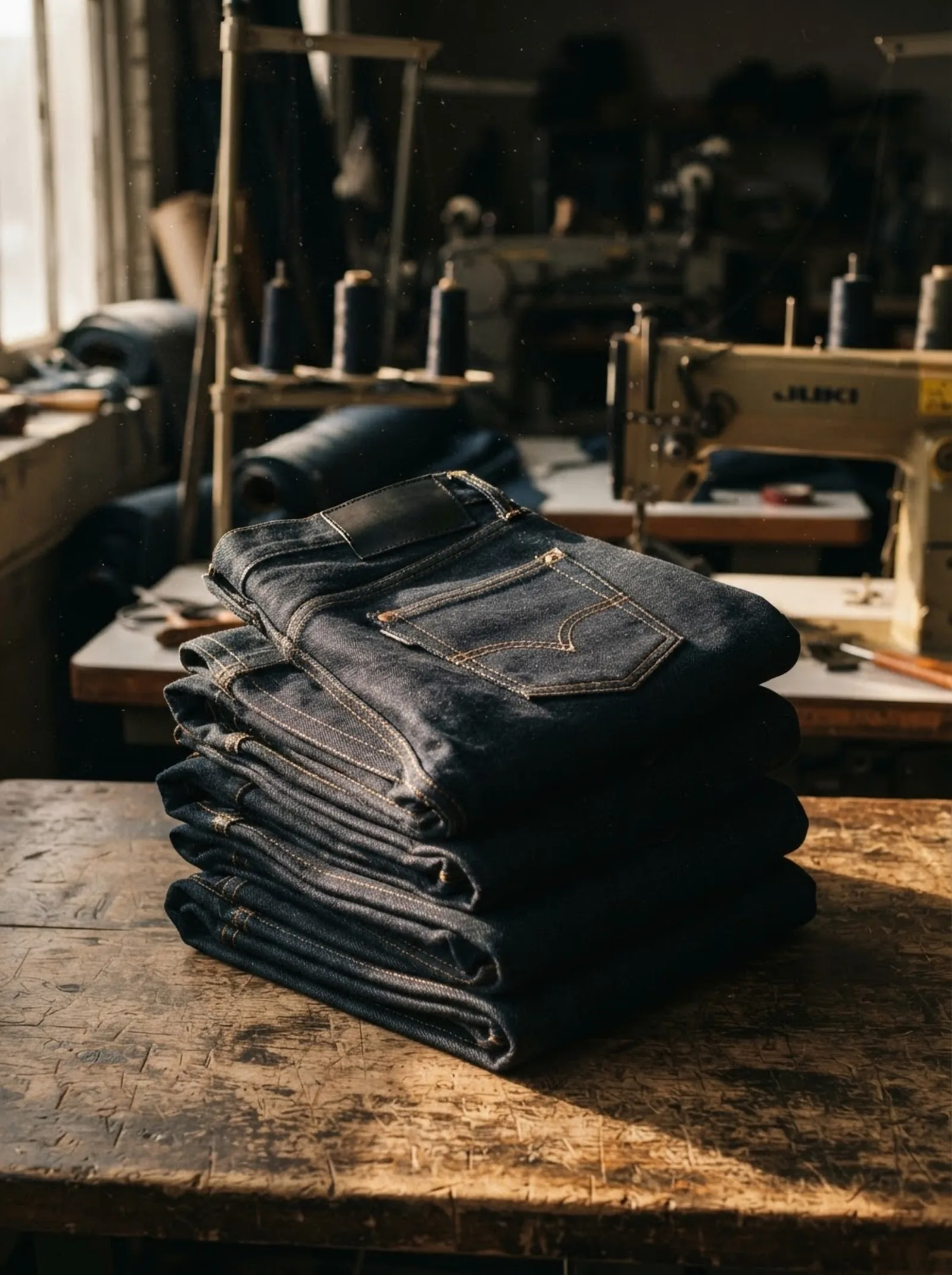 Pilha de calças jeans escuras na mesa de corte da fábrica