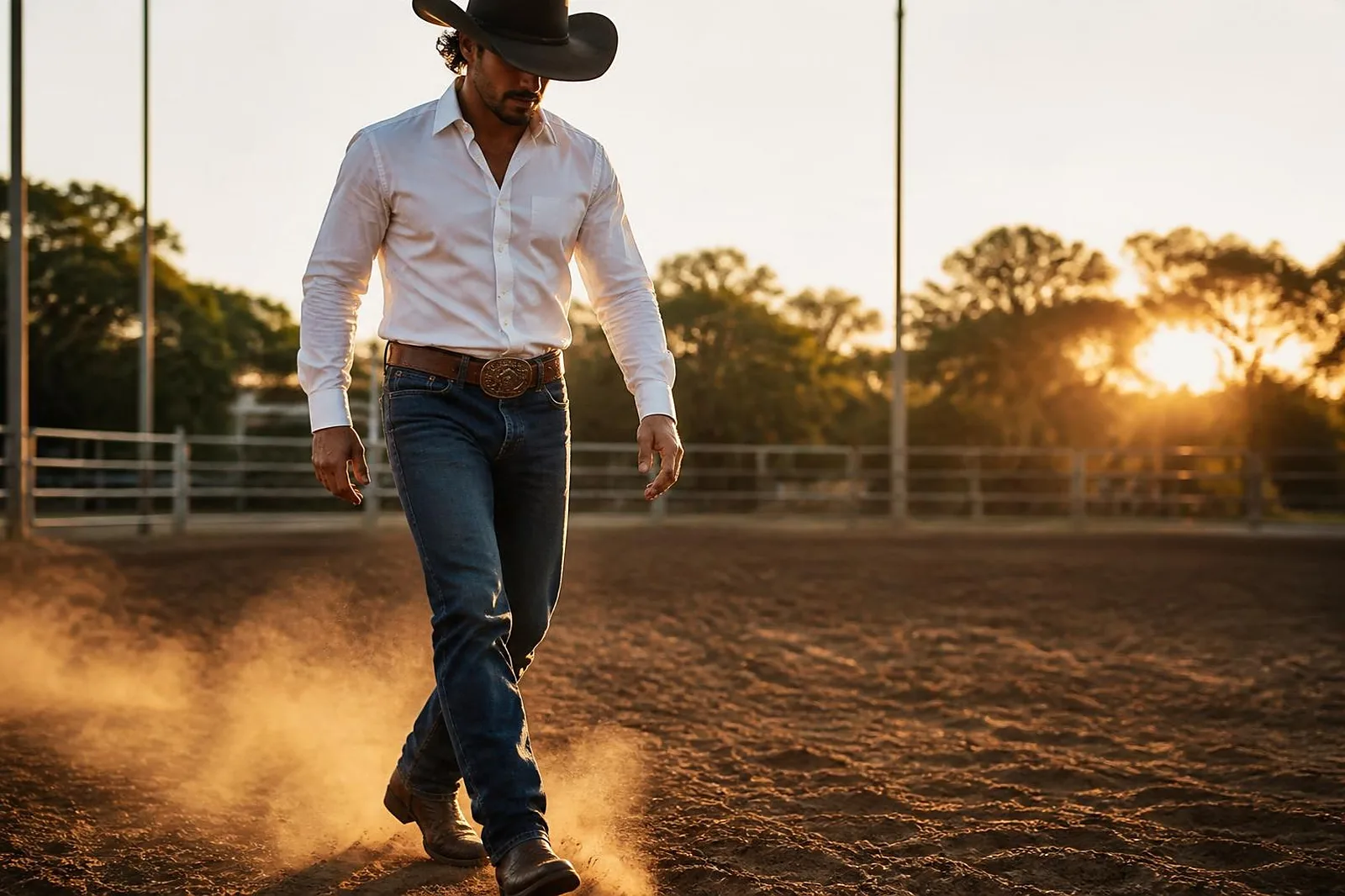 Peão caminhando na arena ao pôr do sol com jeans, cinto e botas PRB
