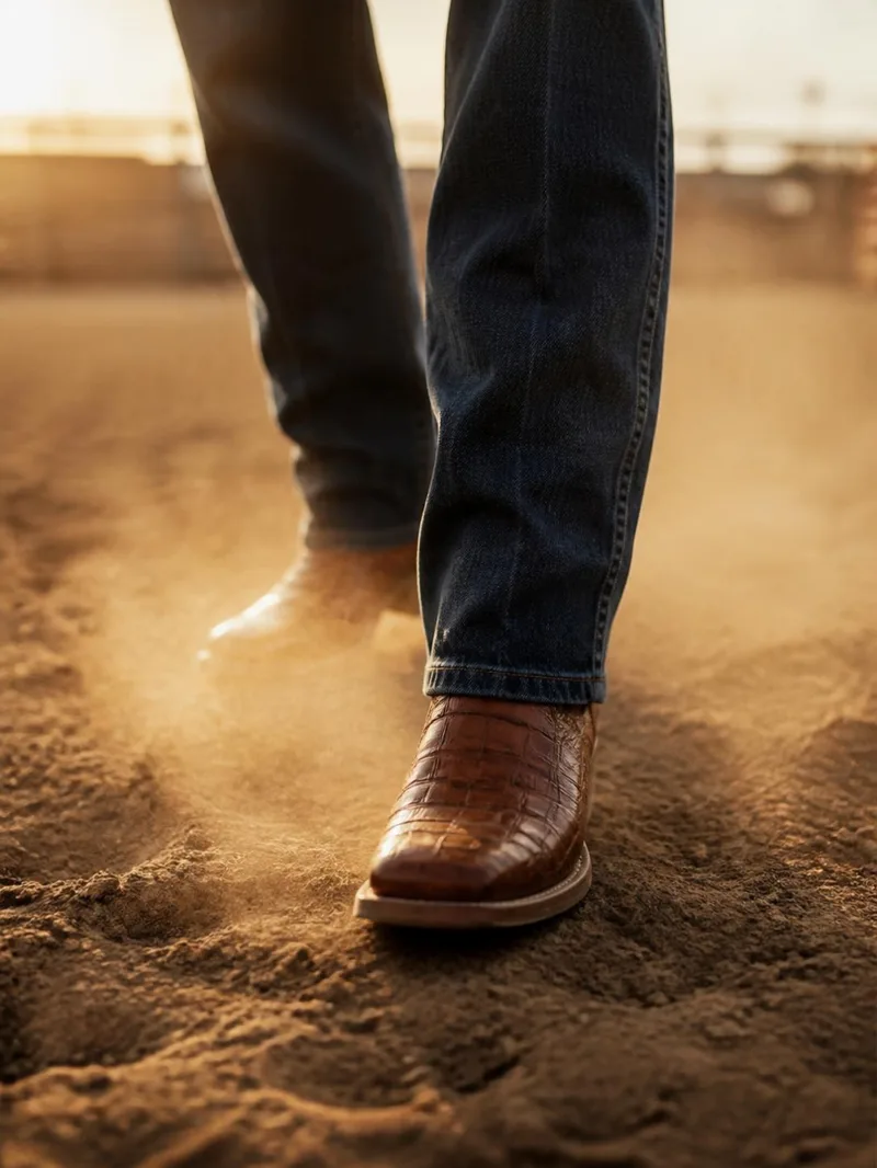 Botas texanas de jacaré em uso na arena