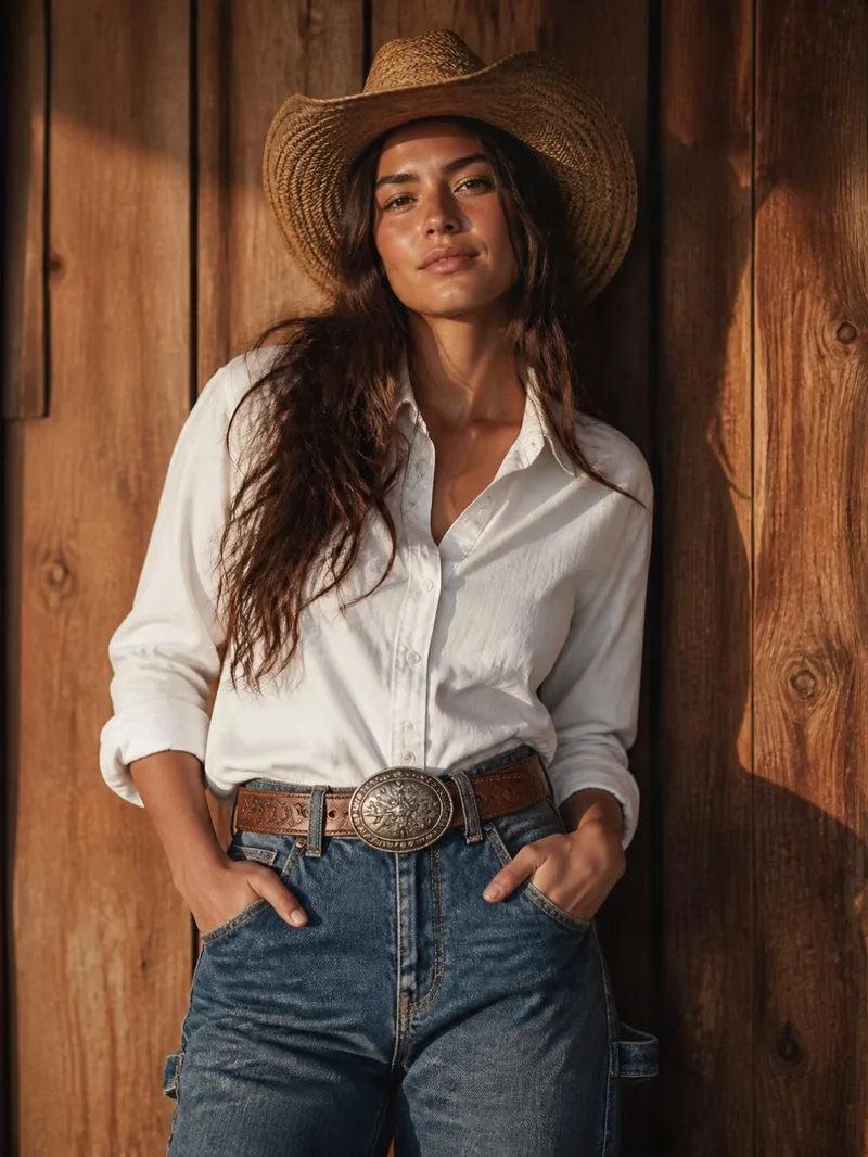 Modelo vestindo calça jeans carpinteira e cinto bordado